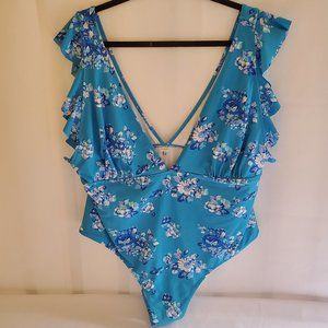 Cupshe One Piece Floral Blue Swimsuit Ruffle Shoulder Sleeves Size 3XL